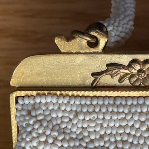 Vtg. BEADED EVENING BAG Gold & White Beads, Beaded Handle, Satin Lining HANDMADE - Picture 7 of 16
